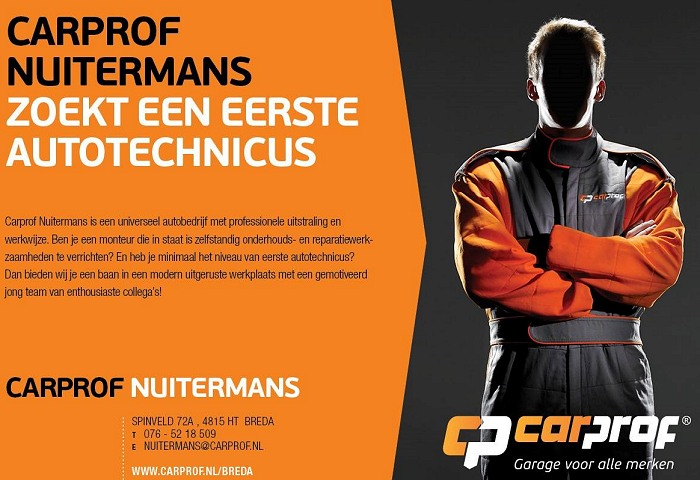 Carprof Nuitermans, spinveld, Breda zoekt een eerste autotechnicus die in staat is zelfstandig onderhouds- en reparatiewerk te doen.