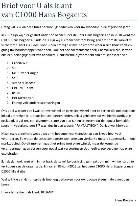 Afscheidsbrief Hans Bogaerts C1000 Princenhage sponsor Super de Boer Pollemans Pastoor van Spaandonk