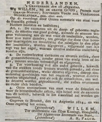 In 1814 was de afgifte van documenten nog kosteloos